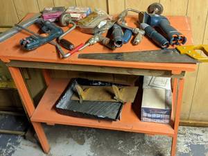 lot 17 image: Orange wood bench plus contents,  w...