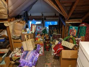 lot 201 image: All Items Pictured. Many boxes of Crafting Materials, Supplies, Storage, Vintage Toy Chest, Toys. ENORMOUS amount of Christmas and Vintage Items See Photos