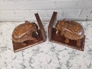 lot 63 image: Carved Wooden Elephant Inlaid Bookends