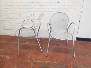lot 55 image: Modern Silver Powder Coated Patio Chairs  set of 2