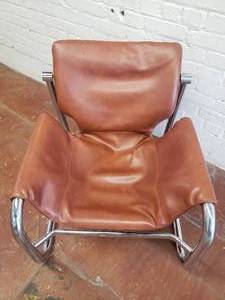 lot 4 image: MCM Tubular Chrome Frame Brown Leather Chair  Maurice Burke Alpha Chair