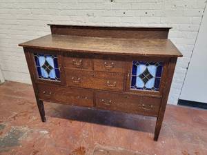 lot 2 image: Antique Tiger Oak Stained Glass Sideboard
