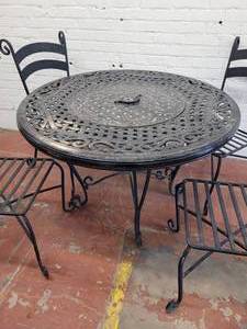 lot 67 image: Black Iron Patio Table & Chair Set with Fire Pit