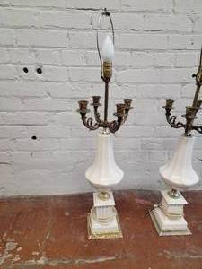 lot 58 image: Vintage White Ceramic and Brass Chandelier Four Candle Lamp, pair
