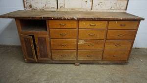 lot 2 image: Wooden Work Bench With 12 Drawers & 2 Doors--Halogen Light Above Work Bench
