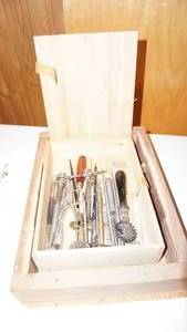 lot 7 image: Wooden Container Filled With Crafty Tools