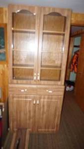 lot 9 image: Beautiful Wooden China Hutch W Four Shelves--Two Glass Doors On Top--Two Linen Drawers-Two Shelf Space Storage On Bottom W Two Doors