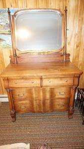 lot 16 image: Wooden Dresser W Two Small Drawers & Two Large Drawers ---Also Has A Framed Mirror Attached