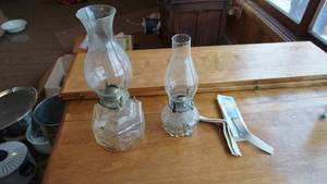 lot 43 image: Two Decorative Glass Lanterns W Clear Glass Chimneys--(Farms Lamp Light)--Extra Lamp Wicks--Lamplight Ultra Pure Liquid Paraffin Candle & Lamp Liquid
