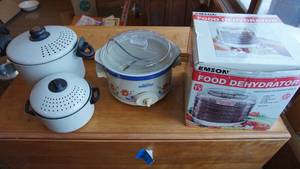 lot 47 image: Emerson Electric Food Dehydrator-Jerky Maker---Electric Rival Stoneware Crock Pot Slow Cooker--Two White Stainless Steel CoversKettles W Straining