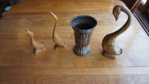 lot 56 image: Three Carved Wooden Geese--LG. One Is Made Out Of Swoose Tortured Cypress By E.J.Ls.---Ornate Vase