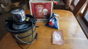 lot 58 image: Electric 4 Qt. Proctor Silex Ice Cream Maker--Model #401F Walnut--Funderful Flavor Recipe Book--Bag Of Morton Salt For Making Ice Cream