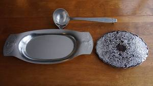 lot 64 image: Kensington Aluminum Oval Silver Serving Tray For Pineapple, Etc.--Gravy Or Soup Ladle--Round Ornate Silver Serving Tray
