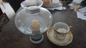 lot 87 image: A Ceramic Candle Holder W Clear Glass Chimney--An Antique Collectors Tea Cup & Matching Saucer
