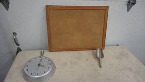 lot 151 image: Frying Pan Battery Operated Clock--Silver Ice Scooper--Cork Board W Wooden Frame
