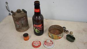 lot 162 image: Vintage Items  Gas Can--Giant Budweiser Bottle Cinco De Mayo 2000--Smooth Big Top Peanut Butter Cover--Skippy Super Chunk Cover--Butternut Roast & Blended Coffee Can--Two Fuses--Plug In