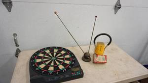 lot 163 image: Halex Dartboard----Bell Weatherproof Flush Switch----AT & SF Santa Fe Flashlight----Vintage Rabbit Ears Antenna For TV--1950s
