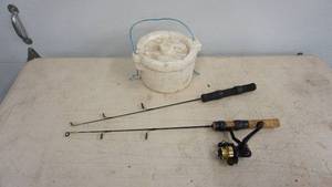 lot 164 image: Two Fishing Rods For Ice Fishing--A First Ice Reel--A Styrofoam Minnow Bucket W Handle & Cover