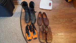 lot 177 image: Four Pair Of Footwear---1 Pr. Black Boots--1 Pr. Water Shoes--1 Pr. Brown Shoes--1 Pr.  Of Brown Sandals