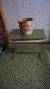 lot 92 image: A Wicker Flower Basket---Dark Green Formica Table With Two Shelves---Has Metal Frame & Legs
