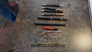lot 96 image: Six Pens-Two Small Scissors- Harris Machinery Co. Small Ruler
