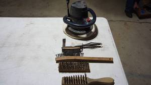 lot 112 image: Four Wire Brushes W Wooden Handles--Electric Waxmaster For Polishing Vehicles--Etc.