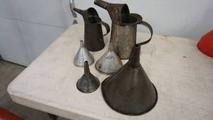 lot 146 image: Two Antique Oil Cans W Pouring Spouts & Handles---Four Various Size Funnels