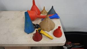 lot 147 image: Six Different Size Funnels--Yellow Gas Can Spout--Orange Bendable Neck Gas Can Spout