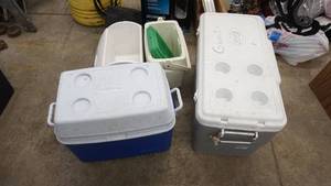 lot 149 image: Beverage Or Food Storage Coolers--Different Sizes--Two Rubbermade--Playmate Elite Cooler By Igloo--Orange Igloo Hand Carrying