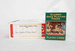 lot 64 image: Box of 12 Vintage 1996 Hoyle Coolidge Poker Dogs His Station and Four Aces Poker Size Playing Card Decks