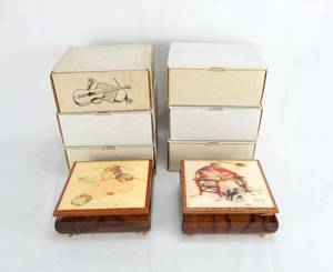 lot 113 image: Set of 6 Vintage Norman Rockwell Four Ages of Love Series Musical Jewelry Boxes
