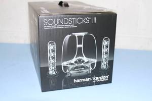 lot 9 image: New in Box - Harman Kardon SoundSticks III Sound Sticks 3  2.1-Channel Multimedia Sound System with Bluetooth Connectivity