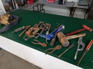lot 334 image: Hand Tools, Tool Belt, Pliers, Mallets, Ratchet, Wrench, Caulk Gun, Chisel, Screwdrivers and Misc Hand Tools