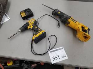 lot 351 image: Lot of (2) DeWalt Cordless Power Tools, 20V, 12V20V Lithium Ion Charger DCB107 - 18V Reciprocating Saw DC385, 20V 12 Drill Driver DCD777