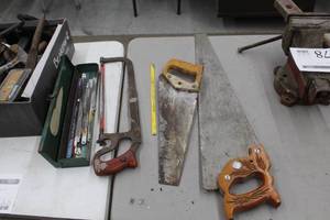 lot 380 image: Lot of (3) Saws - Wood Saws (x2), Hack Saw with Extra Blades in Metal Case