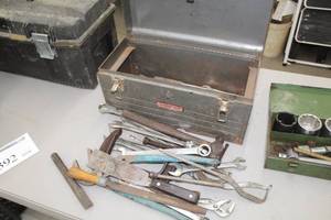 lot 392 image: Craftsman 18-12 Metal Tool Box, Open End and Combination Wrenches, Ball Peen Hammer, Files, Clamps, Scrapers