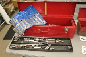 lot 395 image: 30 Metal Tool Box, Angle Open End Wrench Set Metric 15-piece, Craftsman Impact Socket Set 11-piece, Ratchet, Misc. Sockets