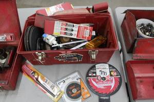 lot 400 image: 19 Plastic Tool Box, Diablo Demo Demon 6-12 24T Circular Saw Blade, Ridgid 4 Tile Saw Blade,  Reciprocating Saw Blades, Grinding Wheels, 3x21 Sanding Belts, Misc. Hardware