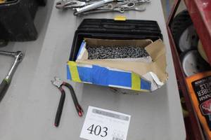 lot 403 image: 12 Plastic Tool Box, Crimp Tool, Hog Rings