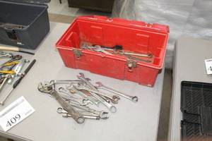 lot 409 image: 19 Plastic Tool Box, Open End and Combination Wrenches, Crescent Wrench, Socket Extensions, Ratchet, Misc. Hand Tools