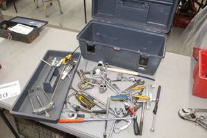 lot 410 image: 20 Plastic Tool Box, Clamps, Wrenches, Allen Wrench Set, Screwdrivers, Misc. Hand Tools