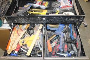 lot 413 image: Hand Tools - Terry Cloth Bonnets, Wire Brushes, Paint Stir Sticks, Screwdrivers, Pry Bar, Drill T-Handle, Brass Fittings, Misc. Tools and Hardware