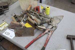 lot 420 image: Masonry Tools, Bucket - Trowels, Scrapers, Bolt Cutters, String, Misc. Masonry Tools
