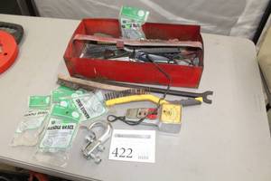 lot 422 image: Hand Tools, Metal Tote - Handle Braces, Wire Brush, Meter, Misc. Tools and Hardware