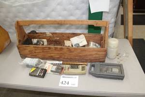 lot 424 image: Wood Tool Tote - Multitester, Multimeter, Drill Bits, Misc. Hardware