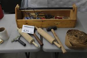 lot 425 image: Wood Tool Tote - Wood Rolling Pins, Mallets, Chisel, Utility Knife, Misc. Tools and Hardware
