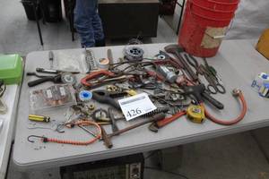 lot 426 image: Hand Tools, Plastic Bucket - Hammers, Snips, Wrenches, Clamps, Misc. Tools and Hardware