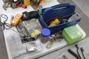 lot 427 image: Plastic Tool Tote - Electrical Connectors, Voltector, Speaker Wire, Voltage Tester, Circuit Tester, Automotive Fuses, Wire CutterCrimper, Misc. Electrical Supplies and Tools