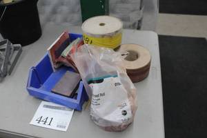 lot 441 image: Lot of  Sanding Supplies - Sanding Discs, Rolls of Sanding Paper, 3M Red Adhesive Sheet Roll, Misc. Supplies
