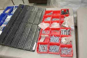lot 445 image: Lot of (18) Plastic Stackable Parts Organizer Bins, Wall Mount, Hardware